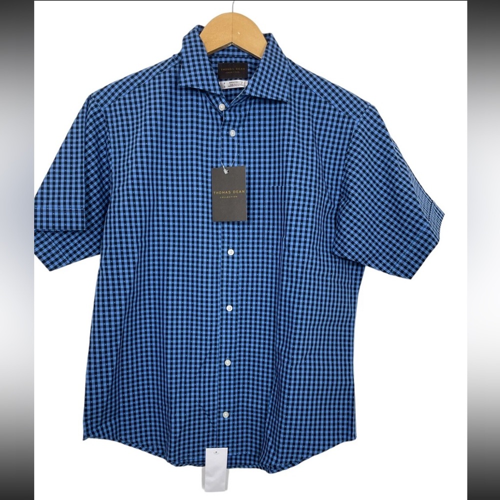 Thomas Dean Men’s Button Down Shirt Short Sleve Plaid Blue Size Small New